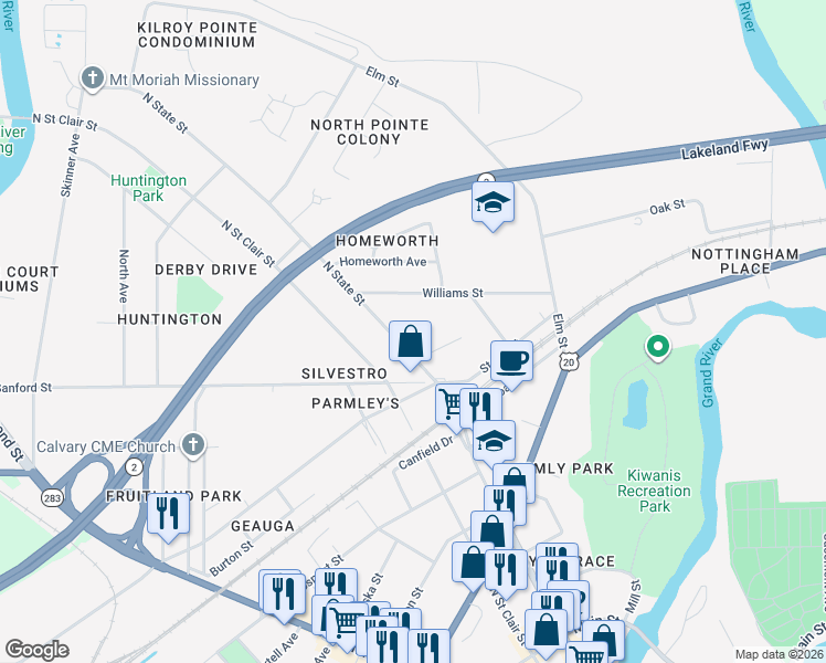 map of restaurants, bars, coffee shops, grocery stores, and more near 531 North State Street in Painesville