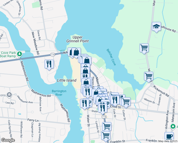 map of restaurants, bars, coffee shops, grocery stores, and more near 16 Union Street in Warren