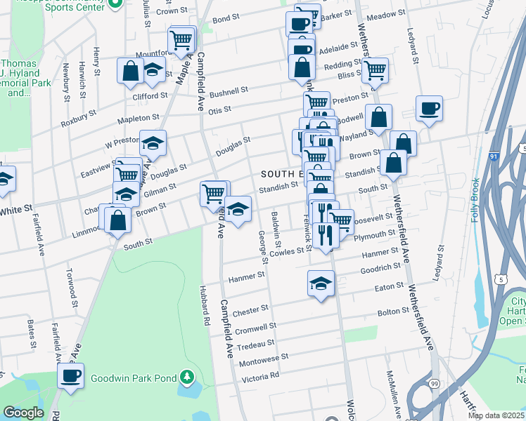 map of restaurants, bars, coffee shops, grocery stores, and more near 129 George Street in Hartford