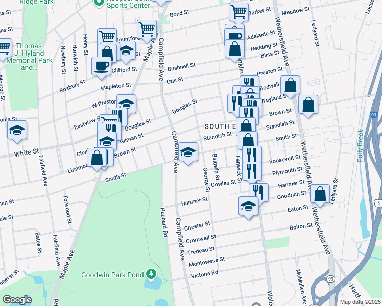 map of restaurants, bars, coffee shops, grocery stores, and more near 129 George Street in Hartford
