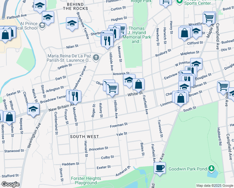 map of restaurants, bars, coffee shops, grocery stores, and more near 221 White Street in Hartford