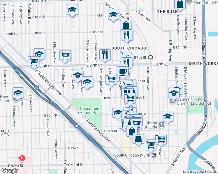 map of restaurants, bars, coffee shops, grocery stores, and more near 8833 South Muskegon Avenue in Chicago