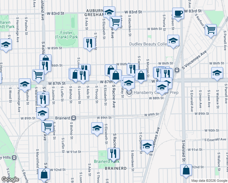 map of restaurants, bars, coffee shops, grocery stores, and more near 8747 South Elizabeth Street in Chicago
