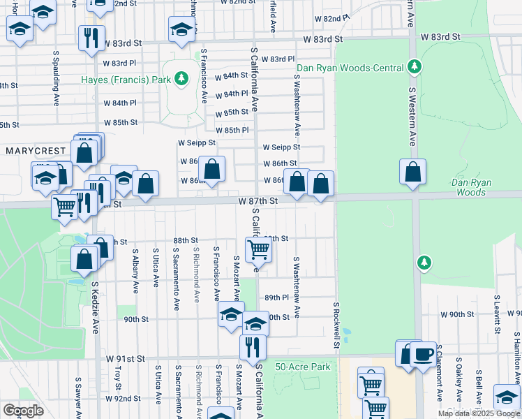 map of restaurants, bars, coffee shops, grocery stores, and more near 8726 South Fairfield Avenue in Evergreen Park
