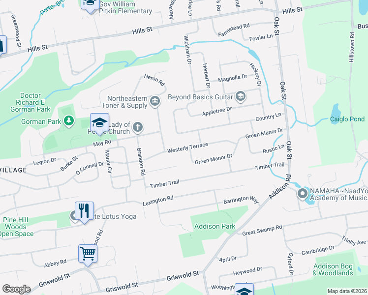 map of restaurants, bars, coffee shops, grocery stores, and more near 102 Westerly Terrace in East Hartford
