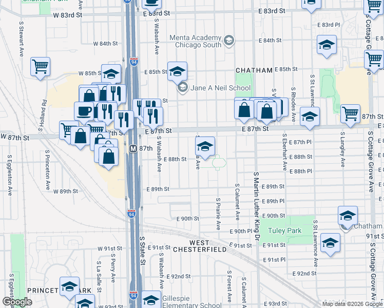 map of restaurants, bars, coffee shops, grocery stores, and more near 8800 South Indiana Avenue in Chicago