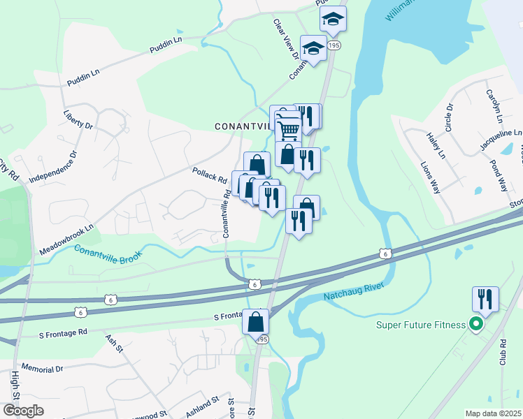 map of restaurants, bars, coffee shops, grocery stores, and more near 95 Storrs Road in Mansfield