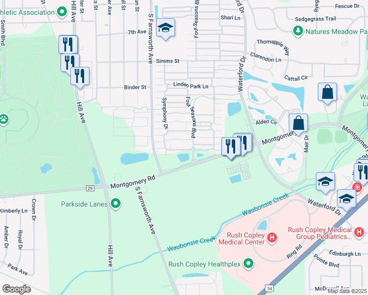 map of restaurants, bars, coffee shops, grocery stores, and more near 1130 Symphony Drive in Aurora