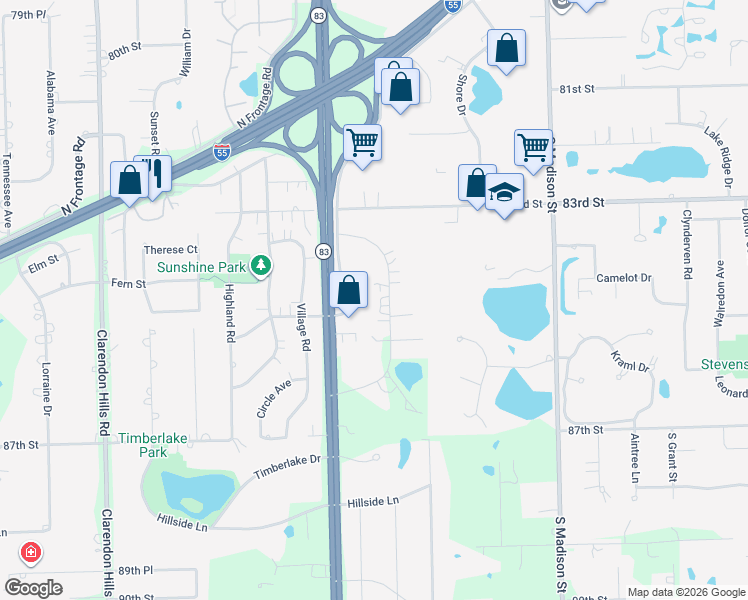 map of restaurants, bars, coffee shops, grocery stores, and more near 8418 Meadowbrook Drive in Burr Ridge