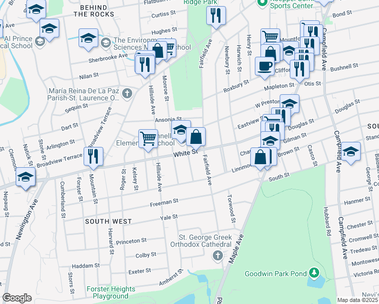 map of restaurants, bars, coffee shops, grocery stores, and more near 180 White Street in Hartford