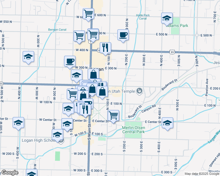 map of restaurants, bars, coffee shops, grocery stores, and more near 90 East 200 North in Logan