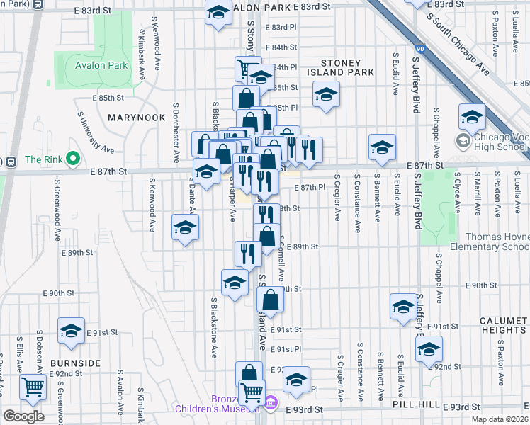 map of restaurants, bars, coffee shops, grocery stores, and more near 8819 South Stony Island Avenue in Chicago