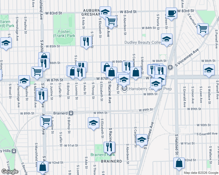 map of restaurants, bars, coffee shops, grocery stores, and more near 8747 South Elizabeth Street in Chicago