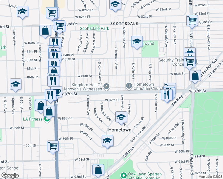 map of restaurants, bars, coffee shops, grocery stores, and more near 4447 West 87th Street in Hometown