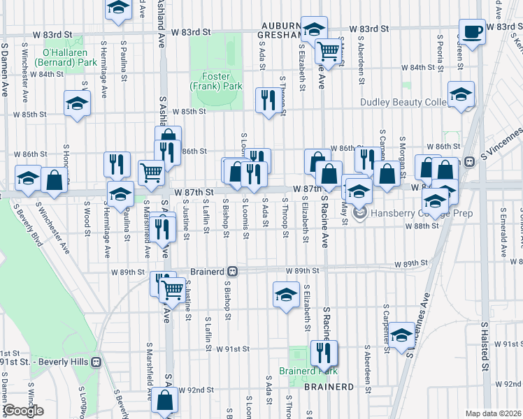 map of restaurants, bars, coffee shops, grocery stores, and more near 8740 South Ada Street in Chicago