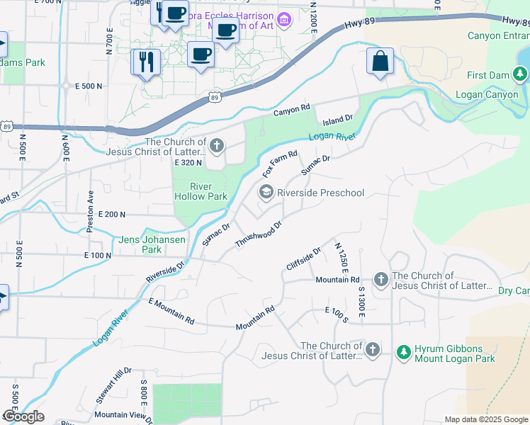 map of restaurants, bars, coffee shops, grocery stores, and more near 1075 Sumac Drive in Logan