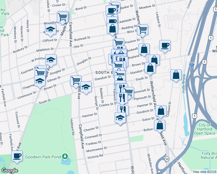 map of restaurants, bars, coffee shops, grocery stores, and more near 6 Dover Street in Hartford