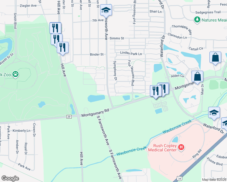 map of restaurants, bars, coffee shops, grocery stores, and more near 1107 Symphony Drive in Aurora