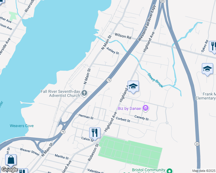 map of restaurants, bars, coffee shops, grocery stores, and more near 483 Quincy Street in Fall River