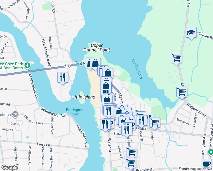 map of restaurants, bars, coffee shops, grocery stores, and more near 22 Bowen Street in Warren