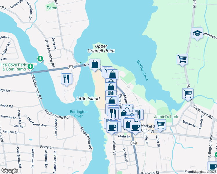 map of restaurants, bars, coffee shops, grocery stores, and more near 22 Bowen Street in Warren