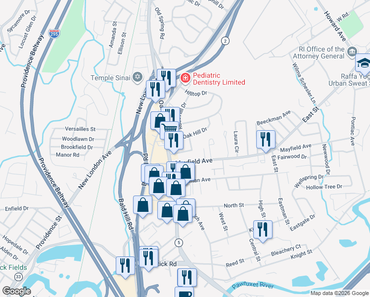 map of restaurants, bars, coffee shops, grocery stores, and more near 25 Woodrow Avenue in Cranston