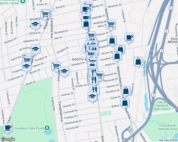 map of restaurants, bars, coffee shops, grocery stores, and more near 21-23 Fenwick Street in Hartford