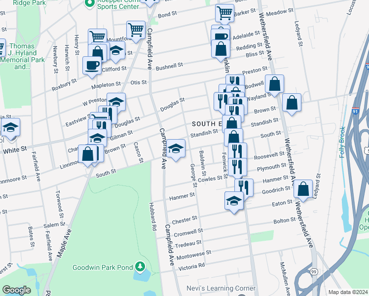 map of restaurants, bars, coffee shops, grocery stores, and more near 129 George Street in Hartford