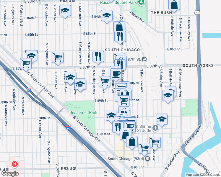 map of restaurants, bars, coffee shops, grocery stores, and more near 8835 South Escanaba Avenue in Chicago