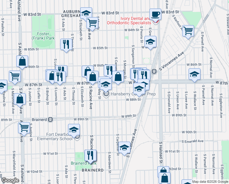 map of restaurants, bars, coffee shops, grocery stores, and more near 8749 South Carpenter Street in Chicago