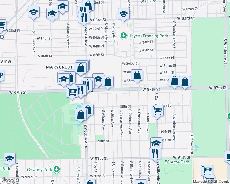 map of restaurants, bars, coffee shops, grocery stores, and more near 8724 South Sacramento Avenue in Evergreen Park