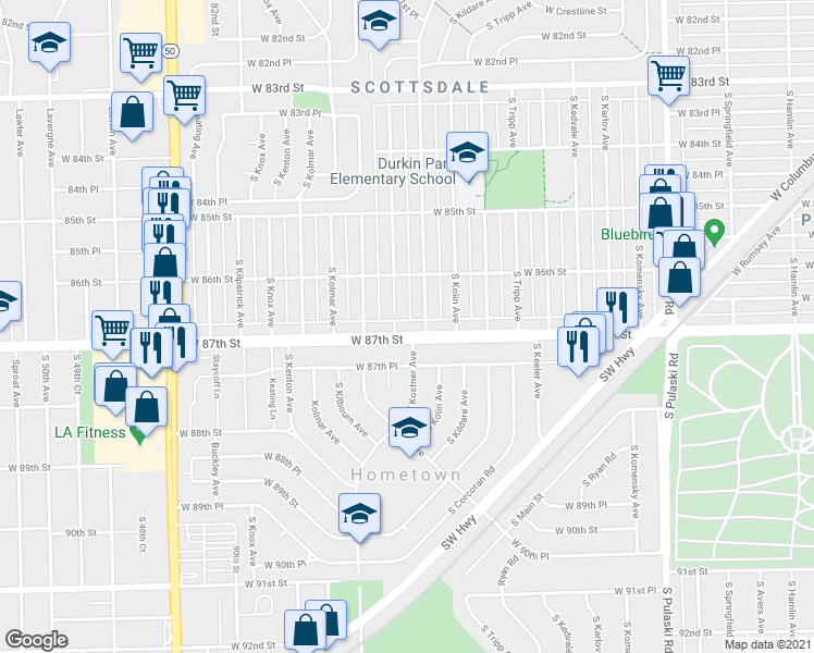 map of restaurants, bars, coffee shops, grocery stores, and more near 4403 West 87th Street in Hometown