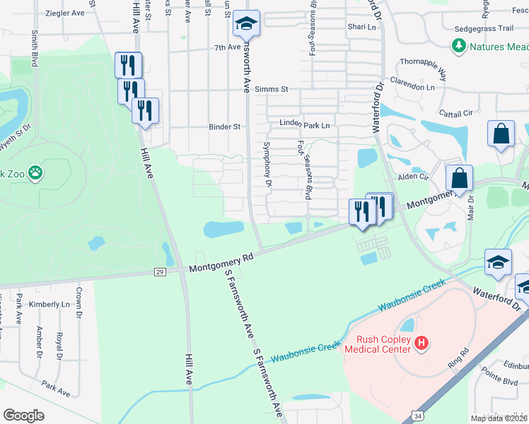 map of restaurants, bars, coffee shops, grocery stores, and more near 1107 Symphony Drive in Aurora