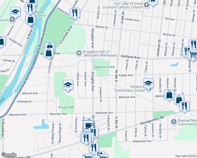 map of restaurants, bars, coffee shops, grocery stores, and more near 1114 Douglas Avenue in Aurora