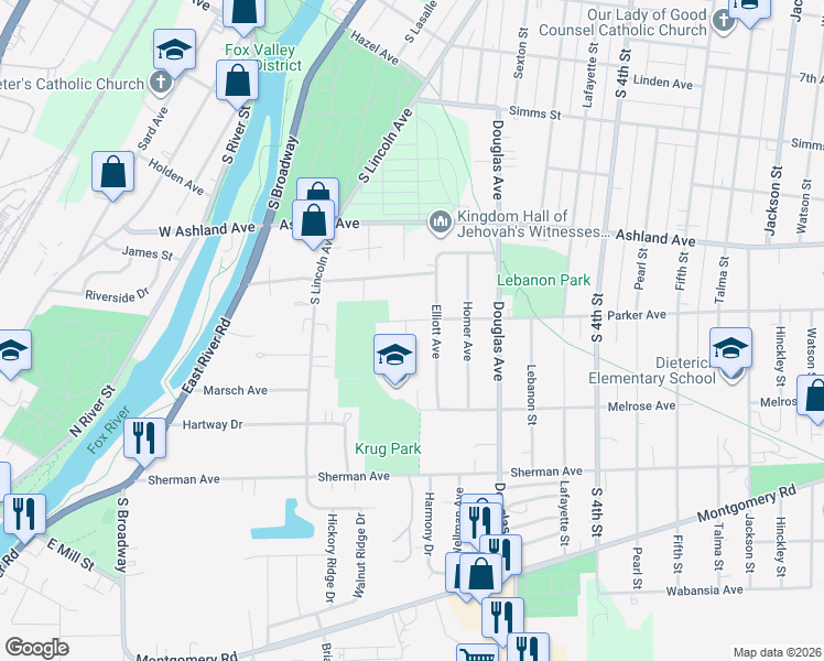 map of restaurants, bars, coffee shops, grocery stores, and more near 1121 Elliott Avenue in Aurora