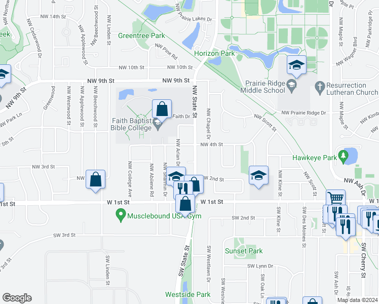 map of restaurants, bars, coffee shops, grocery stores, and more near 229 Northwest Arlan Drive in Ankeny