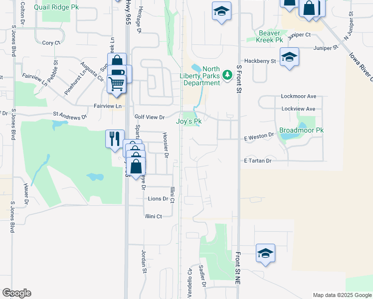 map of restaurants, bars, coffee shops, grocery stores, and more near 855 Blue Sky Drive in North Liberty