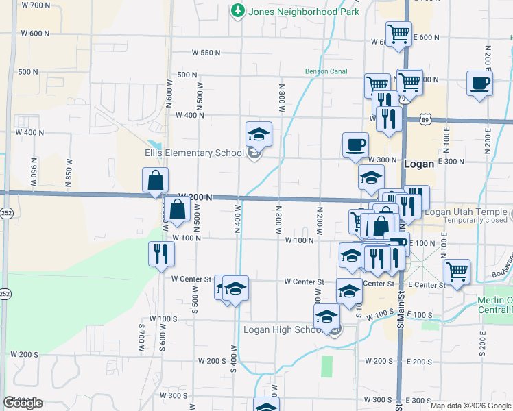 map of restaurants, bars, coffee shops, grocery stores, and more near 360 West 200 North in Logan