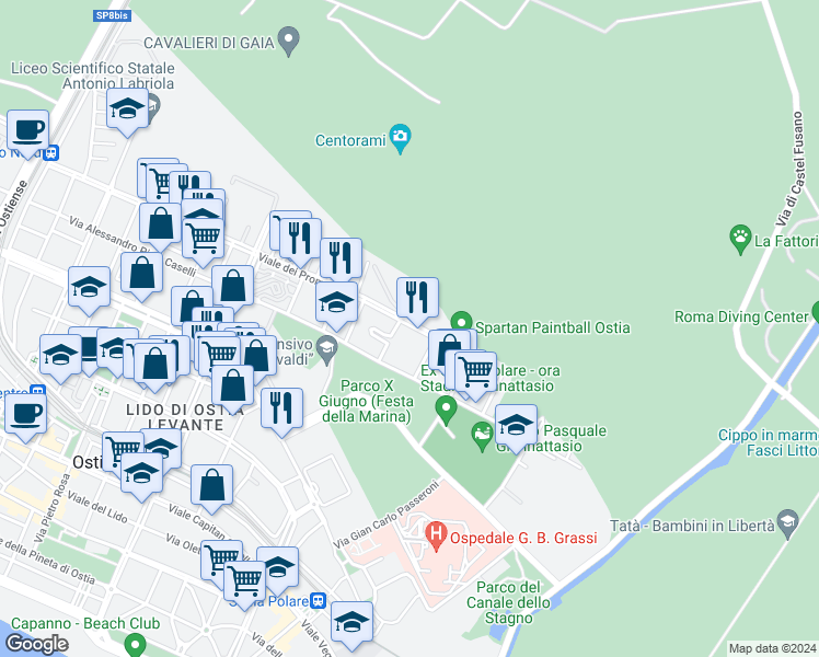 map of restaurants, bars, coffee shops, grocery stores, and more near 372 Viale dei Promontori in Lido di Ostia