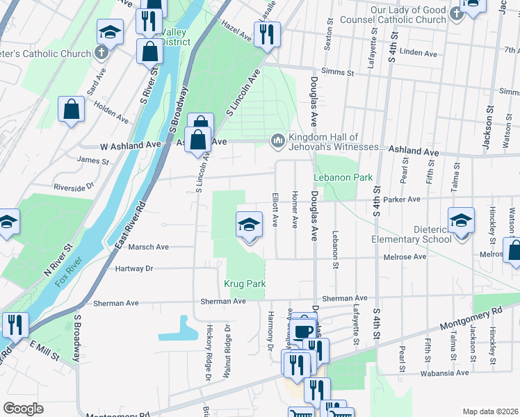 map of restaurants, bars, coffee shops, grocery stores, and more near 1121 Elliott Avenue in Aurora