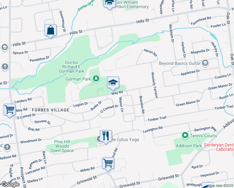 map of restaurants, bars, coffee shops, grocery stores, and more near 305 May Road in East Hartford