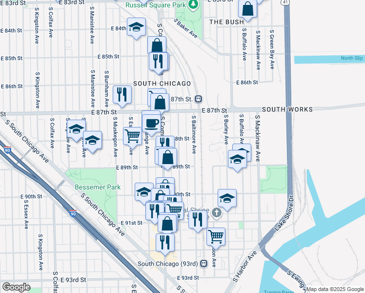 map of restaurants, bars, coffee shops, grocery stores, and more near 8813 South Houston Avenue in Chicago
