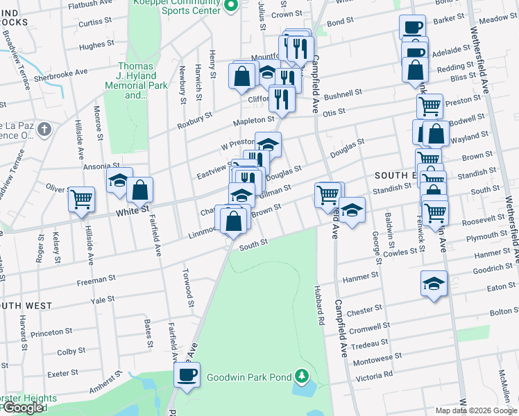 map of restaurants, bars, coffee shops, grocery stores, and more near 305 Brown Street in Hartford