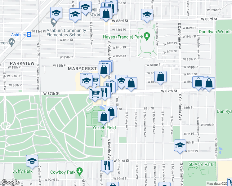 map of restaurants, bars, coffee shops, grocery stores, and more near 8700 South Troy Avenue in Evergreen Park