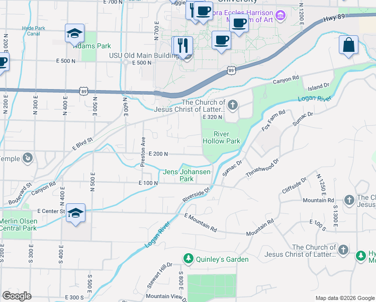 map of restaurants, bars, coffee shops, grocery stores, and more near 805 East 200 North in Logan