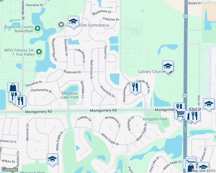 map of restaurants, bars, coffee shops, grocery stores, and more near 1165 Teasel Lane in Naperville