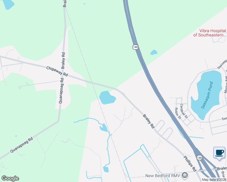 map of restaurants, bars, coffee shops, grocery stores, and more near 1618 Braley Road in New Bedford