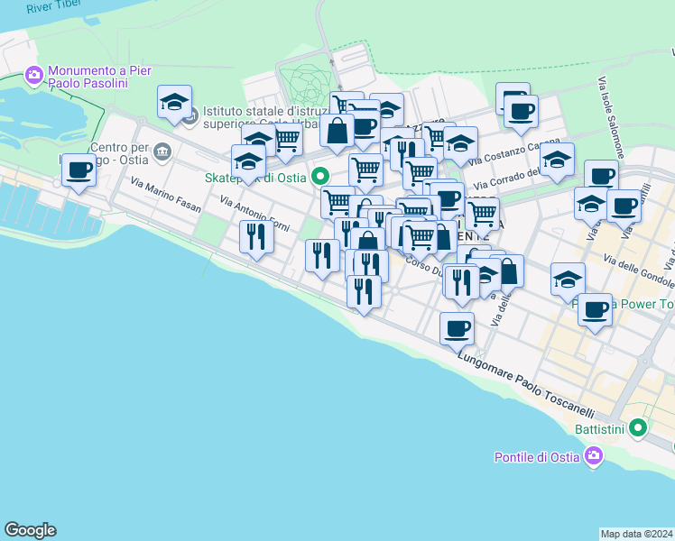 map of restaurants, bars, coffee shops, grocery stores, and more near 3 Via delle Zattere in Lido di Ostia