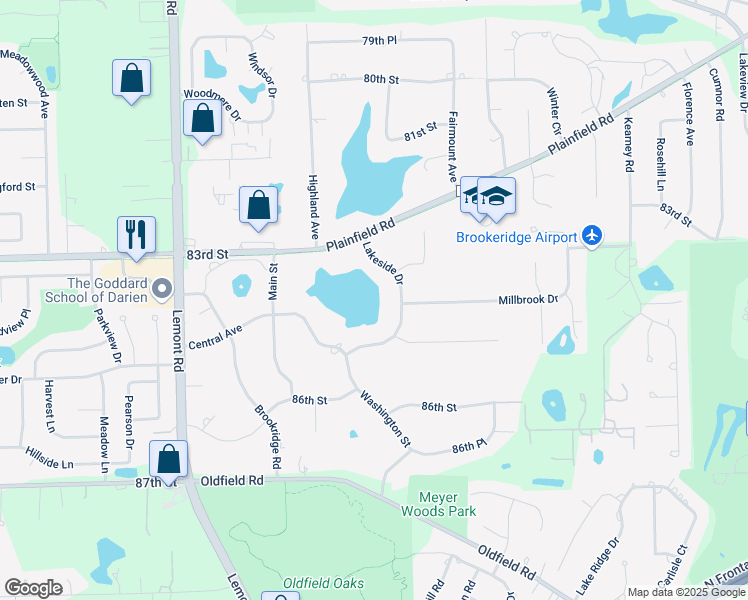 map of restaurants, bars, coffee shops, grocery stores, and more near 8408 Lakeside Drive in Downers Grove