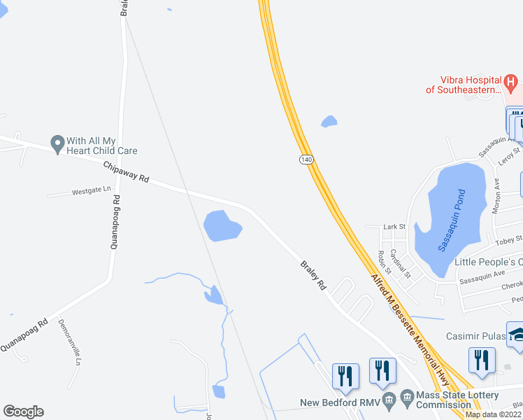 map of restaurants, bars, coffee shops, grocery stores, and more near 1607 Braley Road in New Bedford